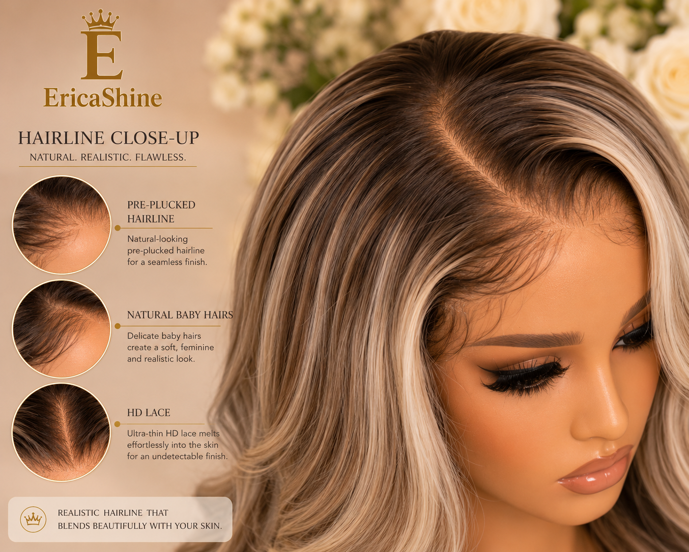 EricaShine Monroe Blonde™ Ash Blonde Balayage Body Wave HD Lace Human Hair Wig