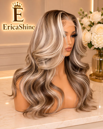 EricaShine Monroe Blonde™ Ash Blonde Balayage Body Wave HD Lace Human Hair Wig